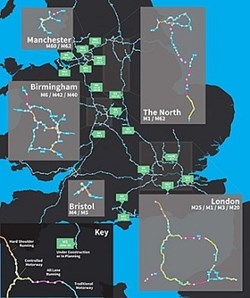 A map of the UK's smart motorway system built from publicly available data of constructed and planned smart motorway systems.